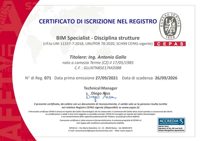 Certificato BIM Specialist CEPAS Bureau Veritas